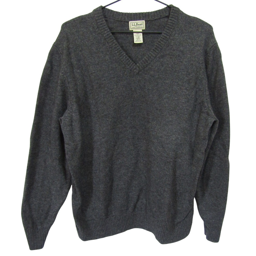 LL Bean V-Neck Sweater Mens Large Gray Excellent Lambswool Blend Pullover L-REG